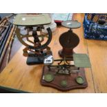 ANTIQUE POSTAL SCALES, brass postal scales, 1oz - 1p with 4 graduated weights; together with 2 other