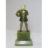 ART DECO BRONZE FIGURE, green onyx plinth base figure of Young Girl with Ball, carved ivory face,