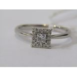 9ct YELLOW GOLD DIAMOND SOLITAIRE STYLE RING, principal princess cut diamond surrounded by a halo of