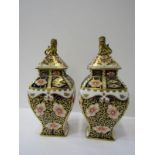 ROYAL CROWN DERBY, "Japan" pattern square base lidded jars, 21cm height (1 vase with extensive