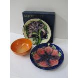 MOORCROFT, orange lustre small bowl, 8cm diameter; together with blue ground "Christmas Rose" saucer