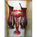 RETRO GLASS, pair of ruby glass large ewer jugs, 42cm height, also antique ruby glass drop lustre