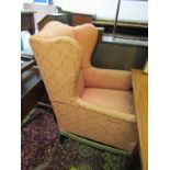 GEORGIAN DESIGN WING ARMCHAIR, pink damasque upholstery on slender scroll legs