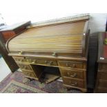MAHOGANY ROLL TOP KNEEHOLE DESK, quality twin pedestal kneehole desk with brass galleried top and