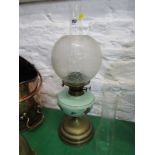 OIL LAMP, Edwardian oil lamp with painted milk glass reservoir and frosted spherical shade