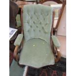 VICTORIAN MAHOGANY SCROLL ARM SUPPORT ARMCHAIR, sage buttonback upholstery with tapering ribbed legs