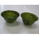 JADE, pair of Eastern turned jade sake bowls, 9.5cm dia