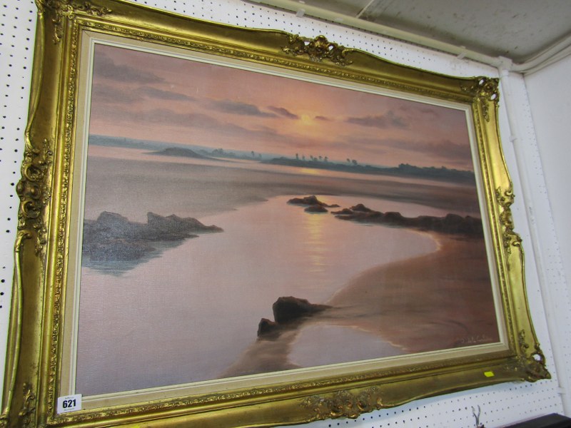 ROGER de la CORBIER, signed painting on canvas "Coastal Scene at low tide and Sunset", 60cm x 90cm