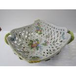 MAJOLICA, floral encrusted pierced diamond shaped body fruit bowl, 31cm