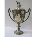 VICTORIAN PLATED TROPHY CUP, an ornate twin handled lidded trophy cup with dog finial, inscribed