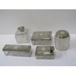 ANTIQUE VANITY JARS, collection of 5 various cut glass vanity fittings with silver lids and mounts