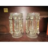 ANTIQUE GLASSWARE, pair of circular base cut glass drop lustre vases, 20cm height (some drops