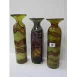 MDINA GLASS, 2 brown and orange banded cylindrical vases, 28cm and 31 cm, also a square base