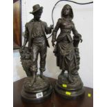 ANTIQUE METALWARE, pair of French patinated spelter figure groups of Grape Harvester and Shrimper,