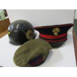 MILITARY, Fusiliers cap, military beret and American "Massachusetts Military Academy" helmet