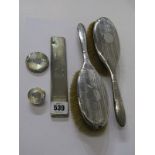 SILVER DRESSING TABLE WARE, pair of silver backed ladies brushes and 3 silver vanity jar lids