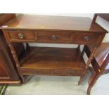 MAHOGANY BUFFET, 2 tier buffet with 5 frieze drawers and brass ring drop handles, 77cm width