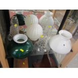 GLASS LAMP SHADES, set of 3 cut glass light shades and 3 others