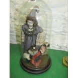 DOLL COLLECTION UNDER GLASS DOME, comprising of Mother, cloth doll and 3 porcelain headed child