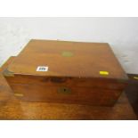 VICTORIAN WALNUT WRITING BOX, brass inset corners, with leather fitted interior, 35cm width