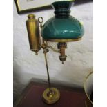 ANTIQUE LIGHTING, brass column support oil lamp with green glass shade