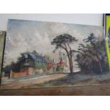 20TH CENTURY ENGLISH SCHOOL, oil on canvas "The Village Church" (indistinct details to reverse) 57cm