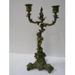 METALWARE, Continental design brass amorini support, twin branch candelabra, 34cm height