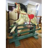 ROCKING HORSE, vintage small trestle bar rocker, carved wooden rocking horse, 89cm length