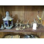 LIGHTING, brass triple branch electrolier with pair of matching double branch wall lights,