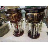 VICTORIAN GLASS DROP LUSTRES, a pair of gilded ruby glass drop lustres, 30cm height