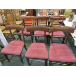 EARLY VICTORIAN DINING CHAIRS, harlequin set of 6 mahogany bar back chairs, comprising scroll arm