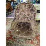 VICTORIAN ARMCHAIR, brown foliate button back with serpentine fronted seats and original castors