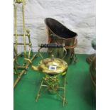 ANTIQUE METALWARE, Edwardian brass oval base spirit kettle on stand, together with antique copper