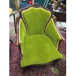 EDWARDIAN LOUNGE ARMCHAIR, attractive carved mahogany tub armchair, cabriole legs and green