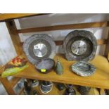 SERPENTINE, 2 dishes & paperweight also a granite clock and barometer, together with an art