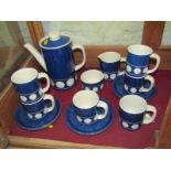 RETRO, T G GREEN blue glazed Coffee set of 6 cups and saucers, coffee pot, jug and sugar bowl