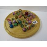 MARBLES, a solitaire board with 33 interesting marbles including red mica, blue glass latticino, 4