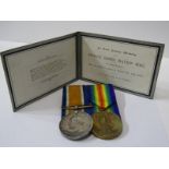 WWI PAIR OF MEDALS to 242498 Pte S W Hogg The Queens Regiment, also a card, In Loving Memory of