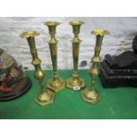 BRASSWARE, 2 pairs of Eastern engraved brass, hexagonal candlesticks, 30cm height