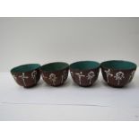 ORIENTAL CERAMICS, set of 4 Chinese Yixing pottery tea bowls with turquoise enamelled interiors