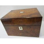 VICTORIAN WALNUT VANITY BOX, burr walnut mother of pearl inlaid vanity box with fitted interior,