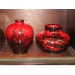 ROYAL DOULTON FLAMBE, sailing ship decorated 13cm spill vase, and 1 similar decorated with riverside
