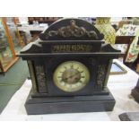 VICTORIAN BLACK MARBLE MANTEL CLOCK, of temple design with applied metal mounts, 38cm height