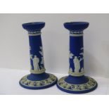 ANTIQUE WEDGWOOD JASPERWARE, pair of blue Jasperware circular base classical design candlesticks,
