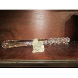 UNUSUAL GLASS TRUNCHEON, 39cm length; also a frosted glass cat figure, signed to base