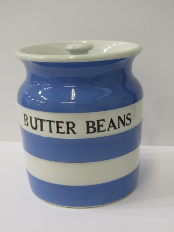 T. G. GREEN, Cornishware lidded cylindrical jar "Butter Beans", 15cm height