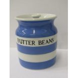 T. G. GREEN, Cornishware lidded cylindrical jar "Butter Beans", 15cm height