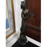 BRONZE FIGURE, black marble base bronze of Young Lady harvesting flowers, 53 cm height