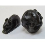 NETSUKE, signed carved fruitwood netsuke of a curled Fieldmouse and 1 other