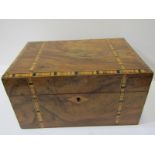 VICTORIAN WALNUT NEEDLWORK BOX, straw work inlaid needlwork box with fitted interior, 25cm width